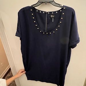 Short navy blue dress with pockets & gold stud embellishments around neck size L